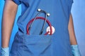 Stethoscope in pocket of medical uniform of doctor. Coronavirus COVID-19