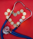 A Stethoscope with pound coins. Heath care expense.