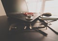 Stethoscope red color with laptop on table,Healthcare and medical concept Royalty Free Stock Photo