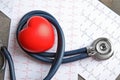 Stethoscope, red heart and cardiograms on table. Cardiology Royalty Free Stock Photo