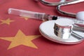 Stethoscope and Syringe on China national flag.Corona Virus outbreak concept. China Crisis Royalty Free Stock Photo