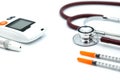 Stethoscope and syringe and glucose meter, lancet using as background health care Medical, Check