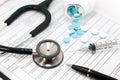 Stethoscope syringe and pills on blank Patient information Royalty Free Stock Photo