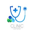 Stethoscope, tablet, green leaf and cross vector logotype in blue color. Medical symbol for doctor, clinic, hospital and