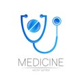 Stethoscope, tablet vector logotype in blue color. Medical symbol for doctor, clinic, hospital and diagnostic. Modern