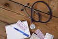 Stethoscope and tablets isolated on wooden background Royalty Free Stock Photo