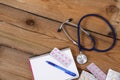 Stethoscope and tablets isolated on wooden background Royalty Free Stock Photo