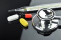 Stethoscope, Thermometer and Pills