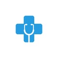 Stethoscope vector icon logo design isolated on hospital plus sign. Health checkup tool vector icon