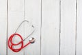 Stethoscope on the white wooden background Royalty Free Stock Photo