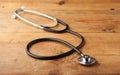 Stethoscope on wooden background or vintage table.