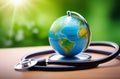Stethoscope wrapped around globe . Save the wold, Global healthcare and Green Earth day concept. Royalty Free Stock Photo