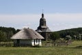 Stetsivka, Ukraine - August 14, 2021: Wooden church of St. Nicholas in Cossack Village, an open-air museum of Cossack culture near