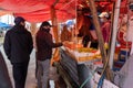 Steveston Harbour Fisherman Wharf. Fishermen sell fish on the boat. People wearing face mask during covid-19 pandemic period.