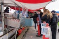 Steveston Harbour Fisherman Wharf. Fishermen sell fish on the boat. People wearing face mask during covid-19 pandemic period.