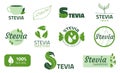 Stevia label. Stickers of substitute sweetener. Sugar free organic product for dietary. Extract of leaves and stem