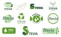 Stevia label. Stickers of substitute sweetener. Sugar free organic product for dietary. Extract of leaves and stem. Alternative