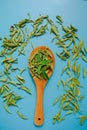 Stevia rebaudiana. Dried and fresh stevia leaves in a wooden spoon on a blue background. Natural dietary sweetener. Royalty Free Stock Photo