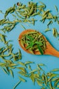 Stevia rebaudiana. stevia leaves in a wooden spoon on a blue background.Alternative Low Calorie Sweetener.Sugar Royalty Free Stock Photo