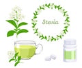 Stevia set. Bottle with pills, tablets, herbal tea, wreath and plant.