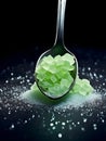 Stevia sugar and green sugar crystals on dark background with copy space. Spoon filled with green sugar with stevia powder under