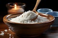 Stevia sugar spoon in the cup on the wooden table