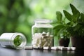 Stevia sweetener pills to replace sugar. Stevia sugar tablets in glass jar with stevia plant over blurred natural background. No Royalty Free Stock Photo