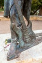 Stevie Ray Vaughan statue in front of downtown Austin and the Co