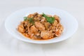 Stew beans with mushrooms, chicken in tomato sauce on dish Royalty Free Stock Photo