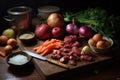 stew ingredients prepped on a board, knife nearby