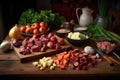 stew ingredients prepped on a board, knife nearby