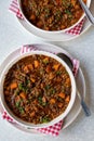 Stew with lentiles, beef meat and vegetables on a plate Royalty Free Stock Photo