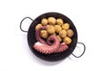 Stew octopus tentacles on a skillet plate isolated on white background. Top view Royalty Free Stock Photo