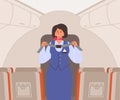 Stewardess in airplane instructing to fasten belts, flat vector isolated.