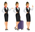 Stewardess in black uniform. Flying attendants, air hostess.