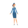 Stewardess in Blue Uniform, Flying Attendant or Air Hostess Character Vector Illustration on White Background