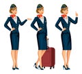 Stewardess in blue uniform. Flying attendants, air hostess