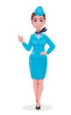 Stewardess in blue uniform pointing on something Royalty Free Stock Photo