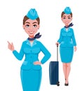 Stewardess in blue uniform, set of two poses