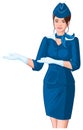 Stewardess in blue uniform shows. Young beautiful woman in cap and white gloves