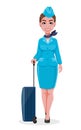 Stewardess in blue uniform standing with luggage