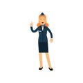 Stewardess in blue uniform standing with open mouth and pointing finger up vector Illustration Royalty Free Stock Photo