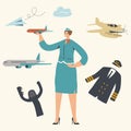 Stewardess Character Wearing Uniform Holding Airplane Model in Hand. Airline Transportation Service, Plane Crew