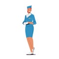 Stewardess Flight Attendant Air Hostess Girl Wear Blue Uniform and Cap Stand with Smiling Face. Airplane Airline Staff