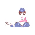Stewardess in a garrison cap and a scarf hand points out