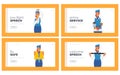 Stewardess Landing Page Template Set. Flight Attendant in Uniform Explain Information to Passengers in Airplane