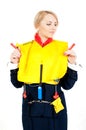 Stewardess in a life jacket Royalty Free Stock Photo