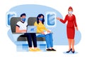 Stewardess, man, woman in masks travel by airplane. Vector illustration. Air travel new rules, healthy and safe flight