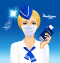 The stewardess in a medical mask holds a passport and a ticket in her hand