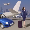 Stewardess near the car on the background of the aircraft at the airport. Vector